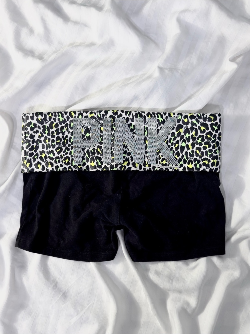 Y2K Green & Yellow Leopard Print Victoria's Secret PINK Sequin Foldover Shorts